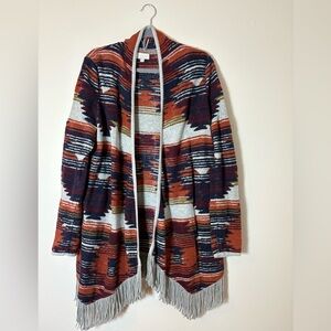 Lucky Brand Women's Open Front Cardigan Size XL Boho Aztec Southwestern Fringe